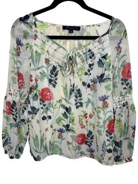 Tommy Hilfiger Floral Peasant Blouse Womens M Sheer Long Sleeve Boho Top